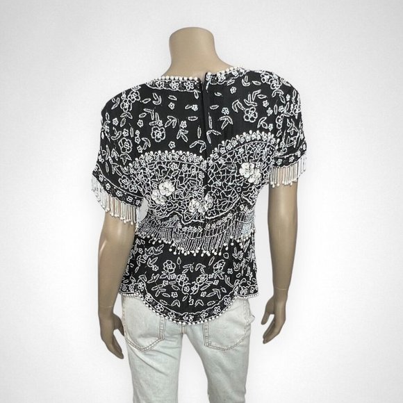Vintage PATRA Black White Sequined Silk Top 8‎ - Picture 3 of 13